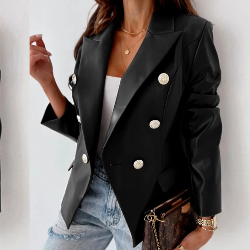 PU Autumn winter suit Buttons Casual Thin Jacket Vintage Tops Women Fashion Long Sleeve Slim Ladies Jackets Coat black new