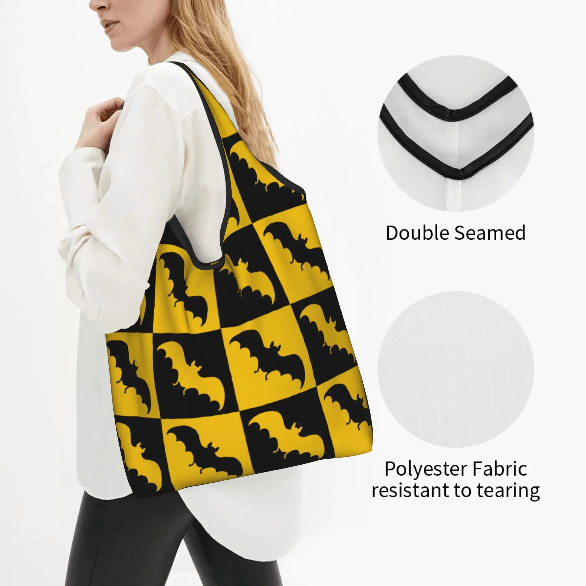 Cute Print Bats Checkerboard Black And Burnt Gold Tote Shopping Bag Portable Shopper Shoulder  Cute Animal  Handbag