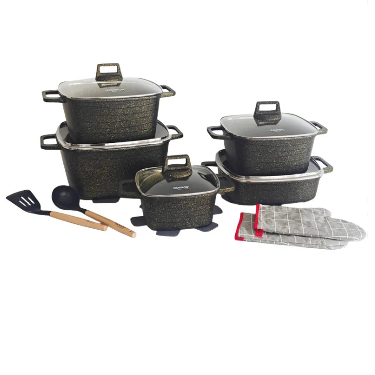 Elite 16 Item Forged Nonstick Square Pot Set 20-32CM Casserole 28CM Shallow Pan Speckled Finish Even Heat Distribution Tool