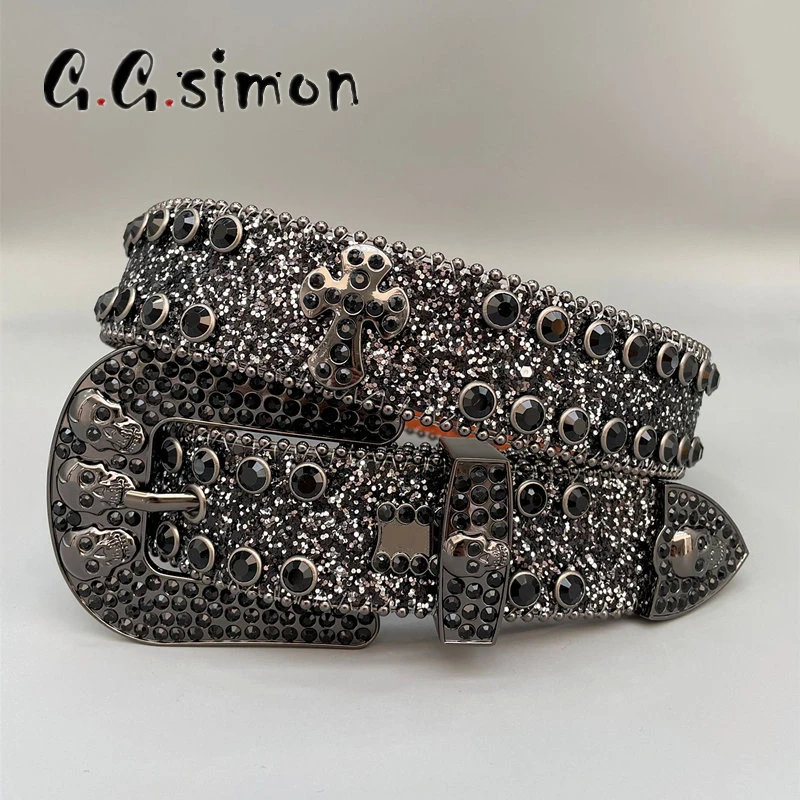 

GGSIMON Cross Diamond Rhinestone Belts Women Men Fashion Luxury Crystal Studded Pin Buckle Belt Cinto De Strass Belt for Jeans