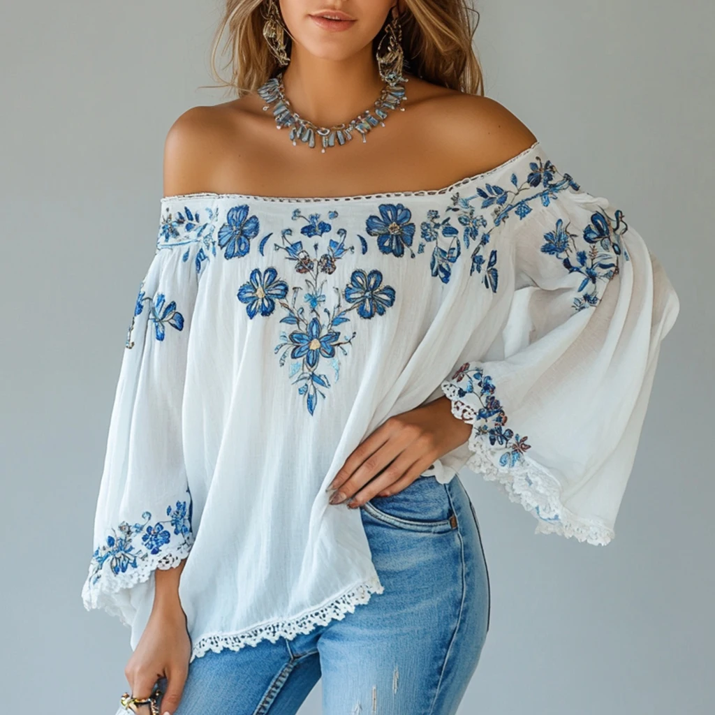 

Elegant Floral Pattern Off Shoulder Long Sleeve Lace Splicing Blouse for Women Girls Boho Sweet Blouse for Autumn Spring 2025