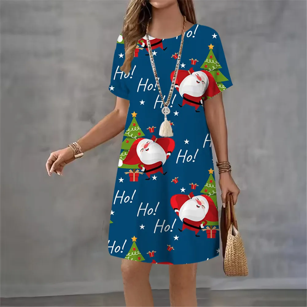 

2026 модные женские милые рождественские елочные вечерние платья, летние повседневные мультяшные забавные мини-платья с Санта-Клаусом и короткими рукавами, Vestidos