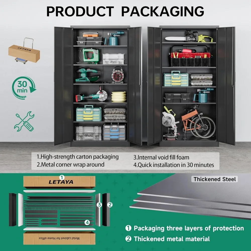 Metalowa szafka do przechowywania w garażu o długości 72 cali – stalowa szafka na narzędzia z zamkiem i 5 regulowanymi półkami |   do użytku w warsztacie domowym i biurze