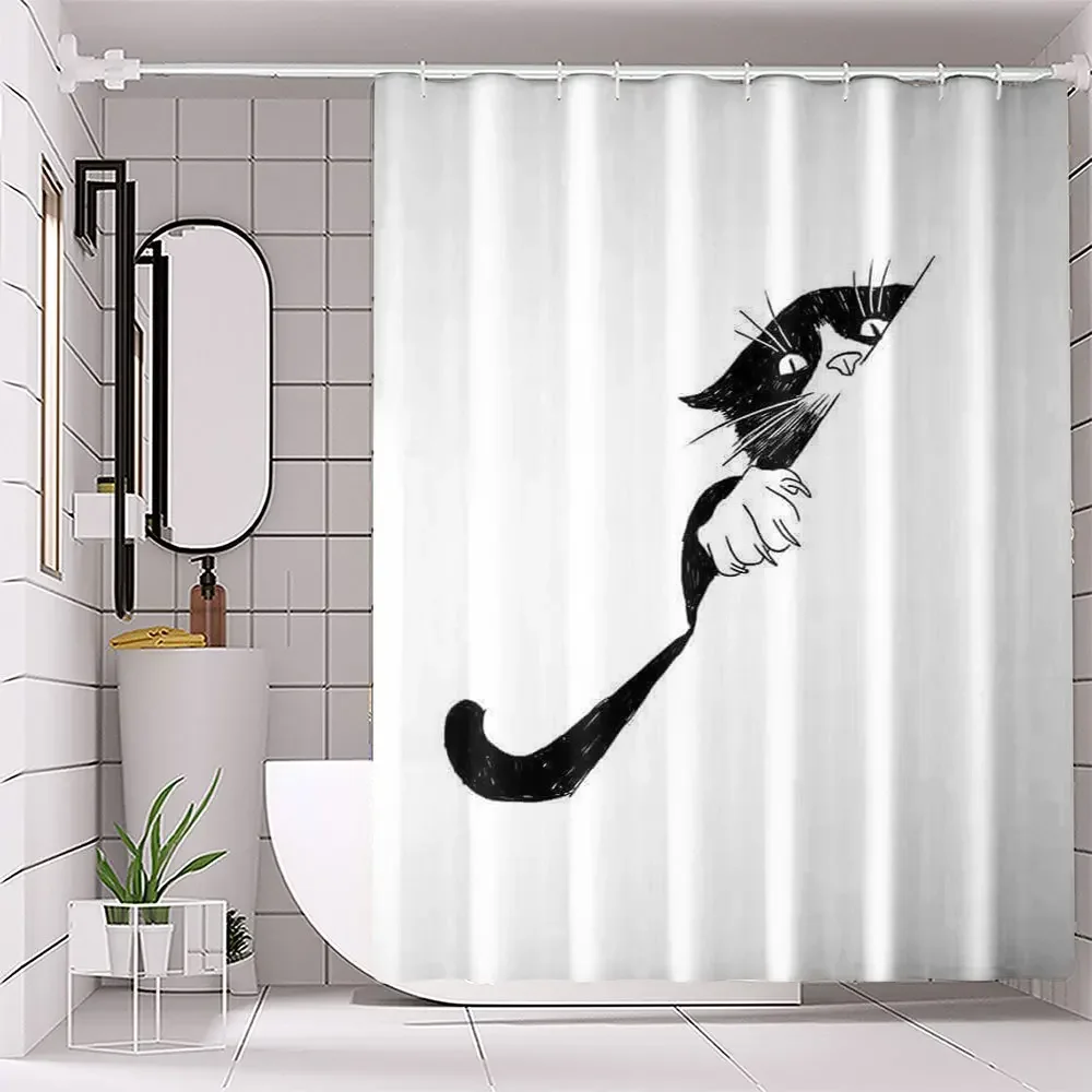 

1pc Hidden Cat Winter Bathroom Curtain Digital Print Polyester Shower Curtain No Drill Partition Bath Curtain