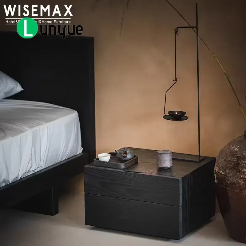 Modern Black Solid Wood Bedside Table with 2 Drawers for Home Bedroom Hotel Villa Apartment Furniture Nightstand Storage