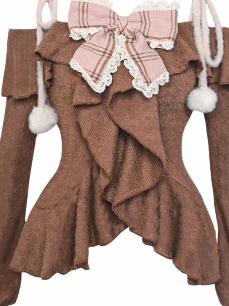 Japoński zestaw Sweet Lolita, dwuczęściowy, damski, bluzka z długim rękawem i kokardą + mini spódniczka w kratę, zimowy, kobiecy, kawaii, modny zestaw, nowość 2025