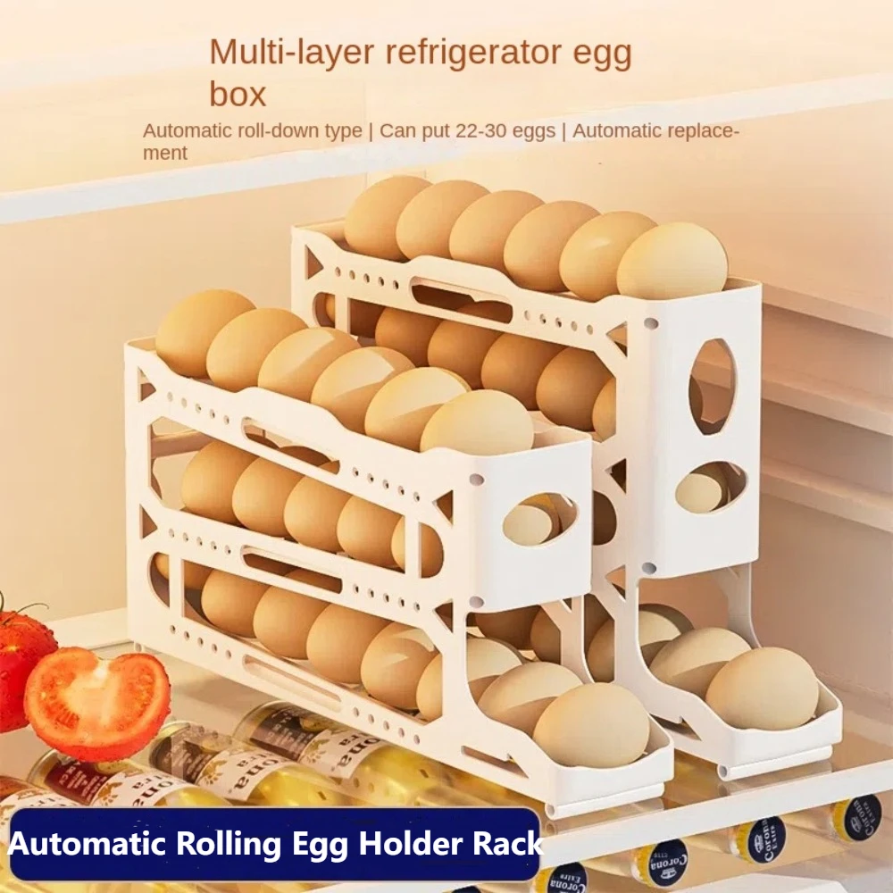 3/4 Layers Egg Holder Rack Automatic Rolling Refrigerator Side Door Egg Storage Box Fridge Organizer Egg Dispenser Kitchen