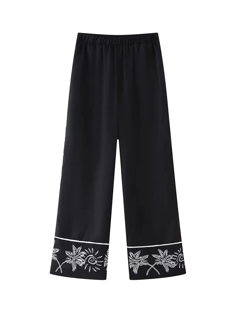 

Womens Fashion Pant Cuffs Embroidery Print Summer Black Long Pants Female Casual Elastic Waist Loose Trousers