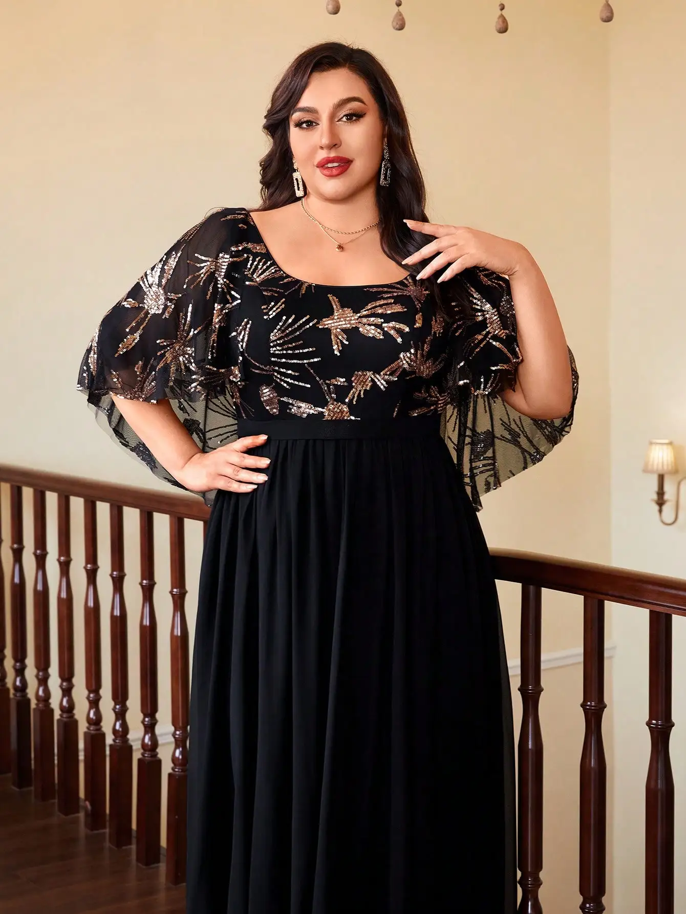 فستان Mgiacy طويل برقبة دائرية وترتر رائع وشالات وأكمام وحاشية شيفون كبيرة