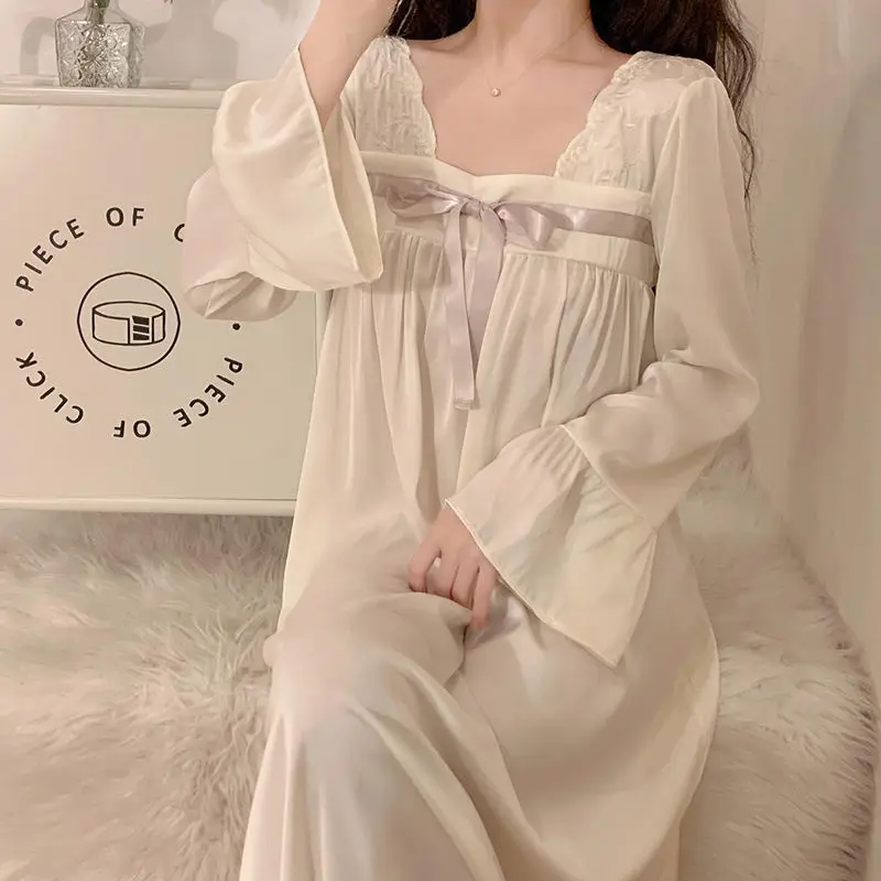 Nightgowns Women Sweet Square Collar Sexy Nightdress Spring Autumn Vintage Classy Female Long Sleeve Sleepwear Lovely Homewear