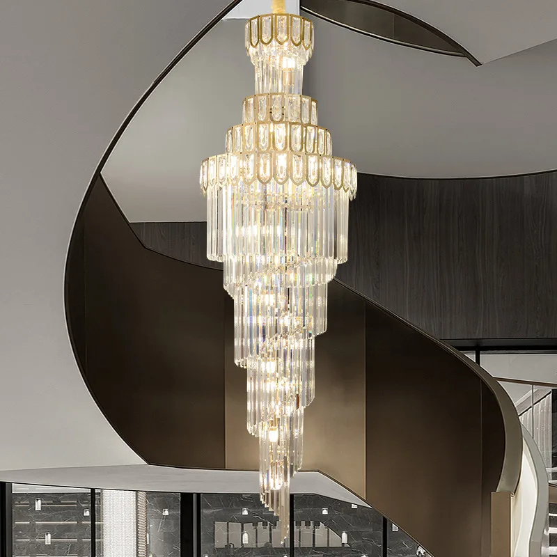 

Light luxury crystal high-end villa living room lamp, new clubhouse hollow rotating duplex staircase chandelier