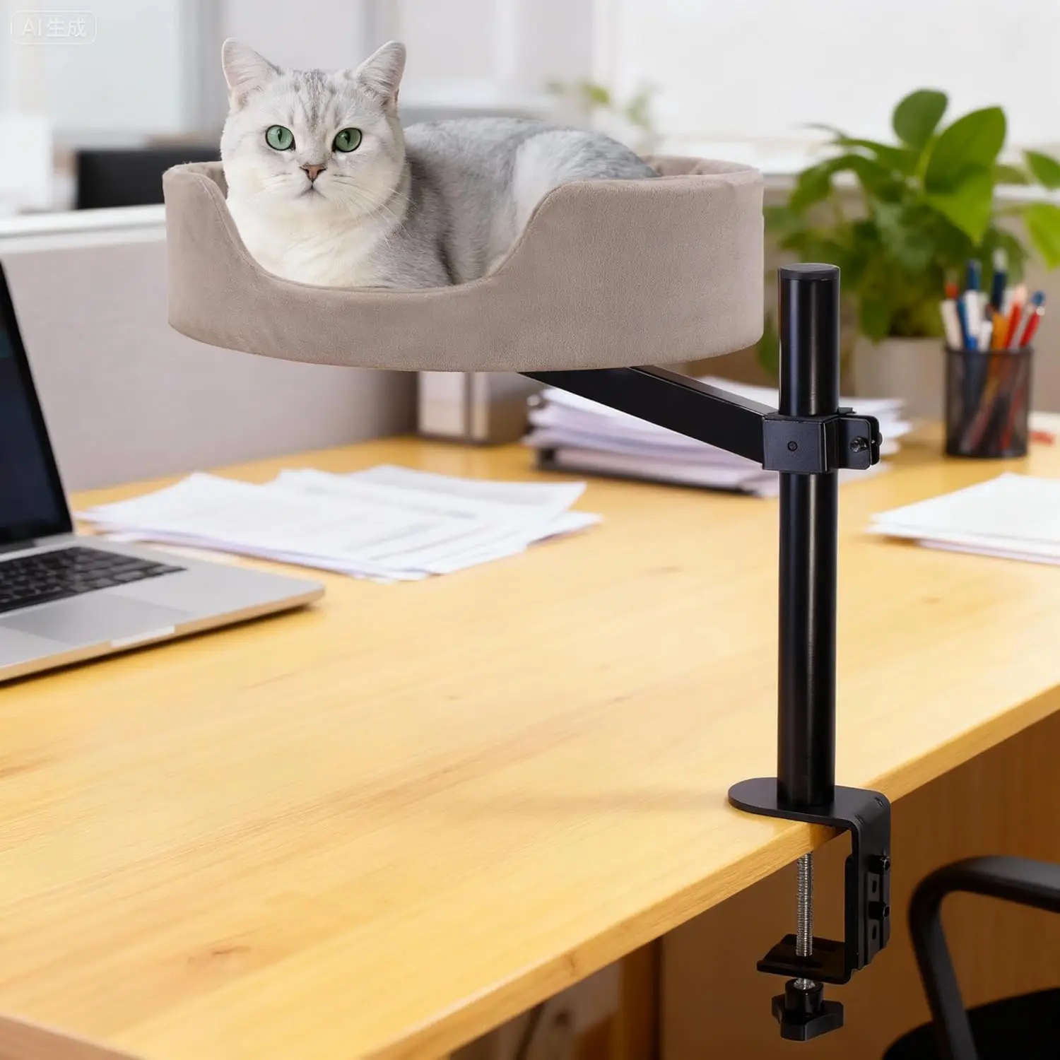 

Cat Desk Bed with Adjustable Height & 360° Rotation, Grey Elevated Cat Bed for Desktop