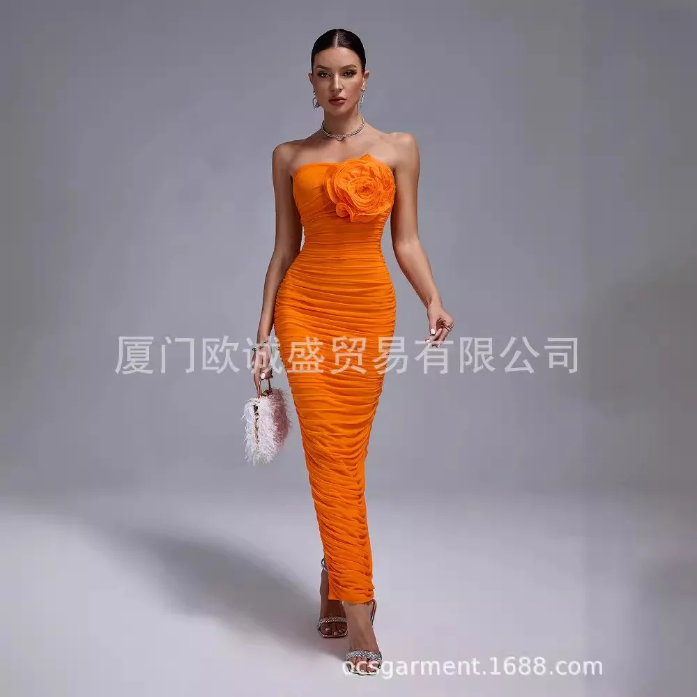 Cross-border women's clothing spot three-dimensional flower design pleated slit slim solid color fashion dress