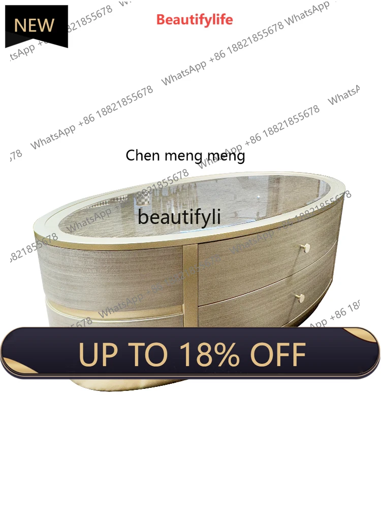 

P178 American Light Luxury Teapoy Glass Top Designer Creative Small Apartment Living Room Oval Drawer Tea Table