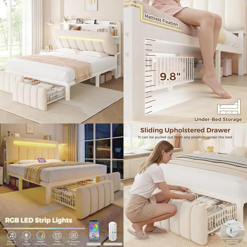 Queen Size Upholstered Bed with Storage Drawers and Charging Station, Velvet Platform Metal Frame, Noise-Free, No Box Spring Nee