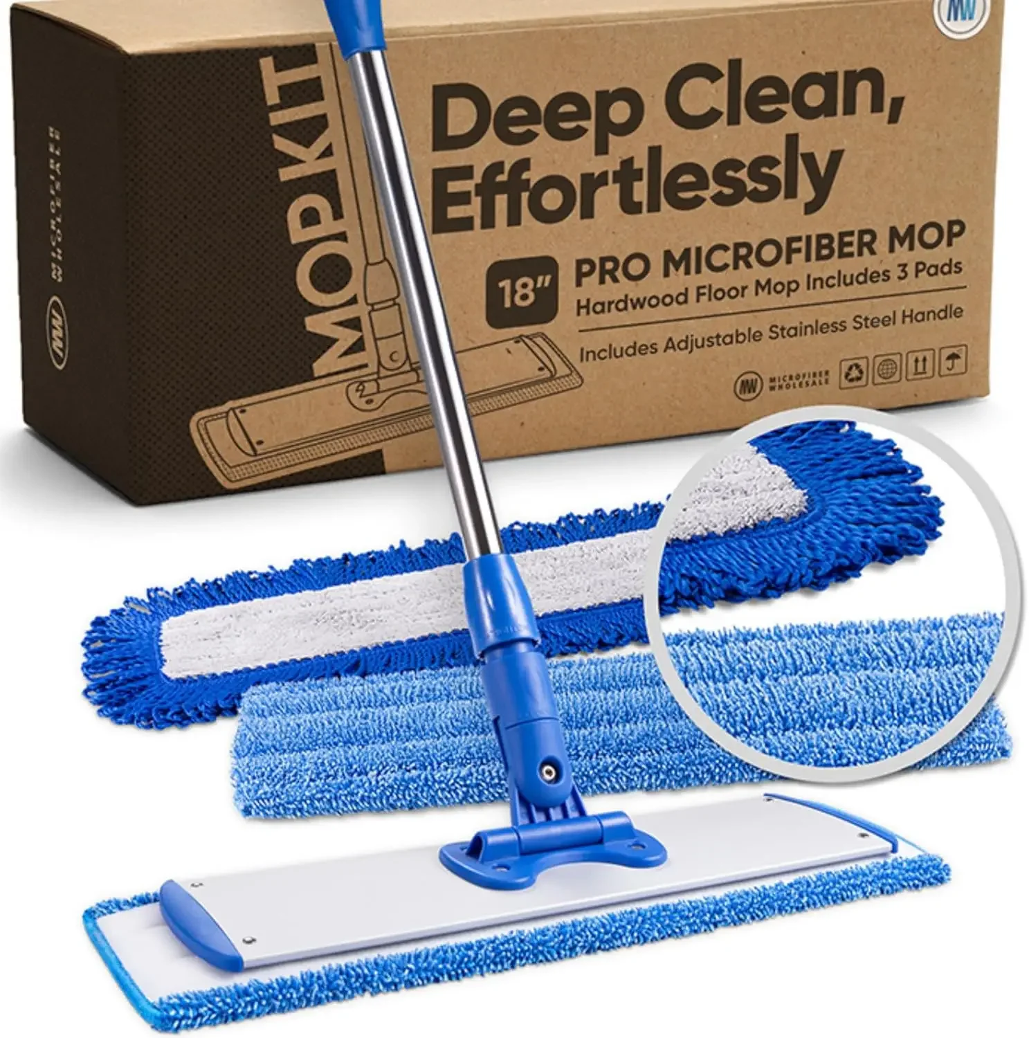 

18" Professional Microfiber Mop Dry & Wet Mop Wood Laminate Tile Vinyl Floors | Washable Pads Adjustable Handle