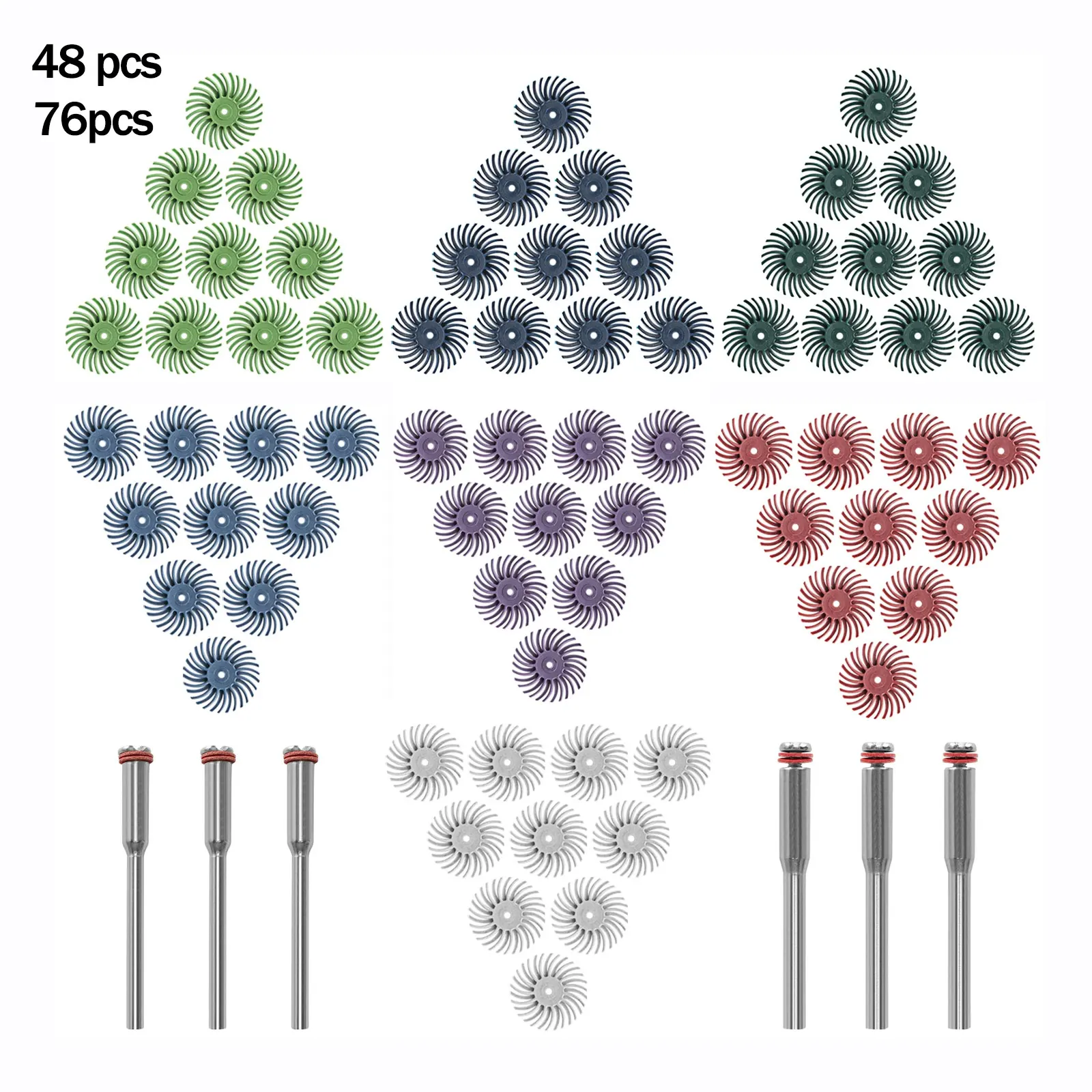 Zestaw dysków szczotkowych promieniowych 48/76 szt. 1 cal (25 mm) 50 mm do szlifowania biżuterii, akcesoria do narzędzi obrotowych Dremel z trzpieniem 3 mm/2,35 mm