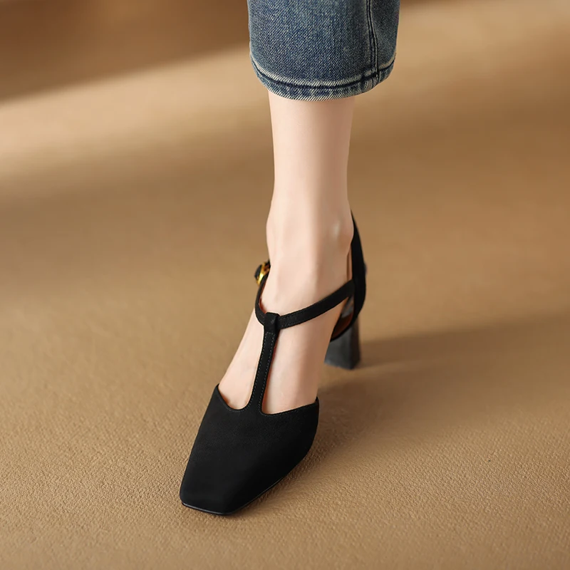 Basic Shoes On Heel Sheepskin Women Retro Mary Jane Summer Sandals French Style Elegant Buckle Shoe Spring Atumn Simple Pumps