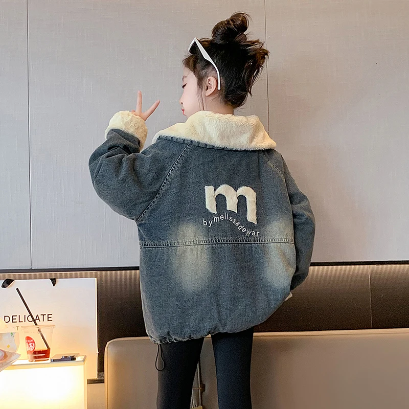 023 new winter girls retro color M embroidered denim plus velvet coat warm padded pink girls street fashion cotton-padded jacket