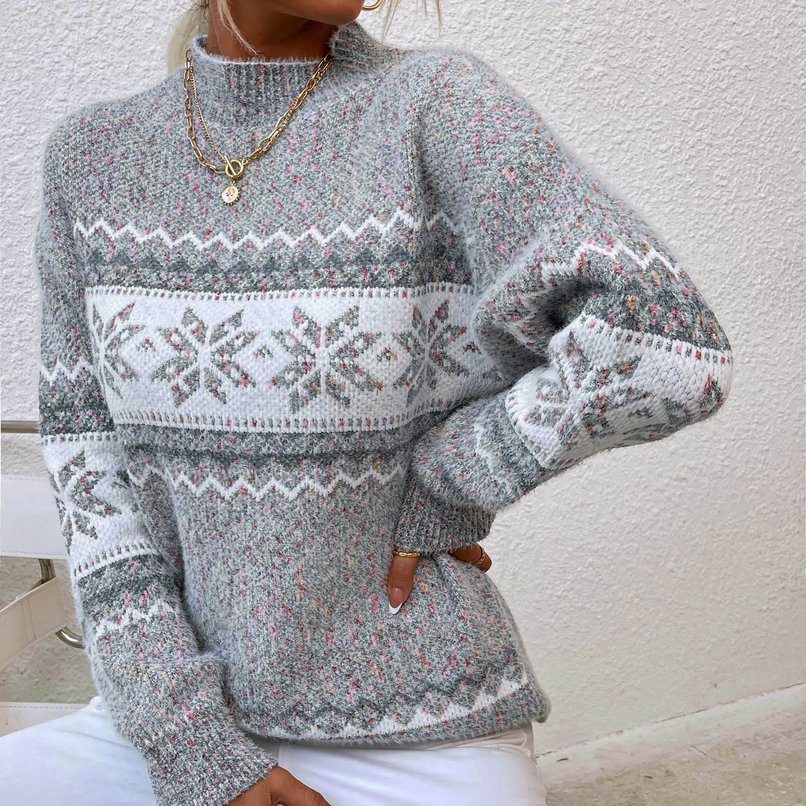 2022 New Winter Snowflake Printed Women Sweaters Warm Thicken Christmas Jumpers High Quality Soft Knitwear Xmas Look Pull Femme