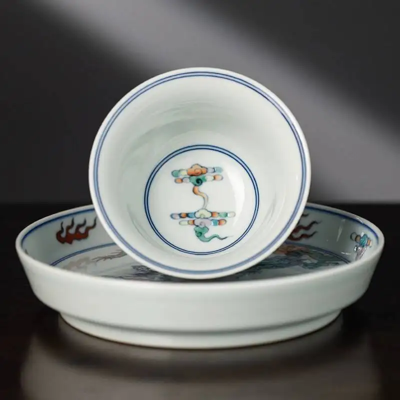 Sacred Mountain Firewood-Fired Antique-Style Blue And White Double Dragon Playing In The Sea Gaiwan, Jingdezhen Hand-Painted