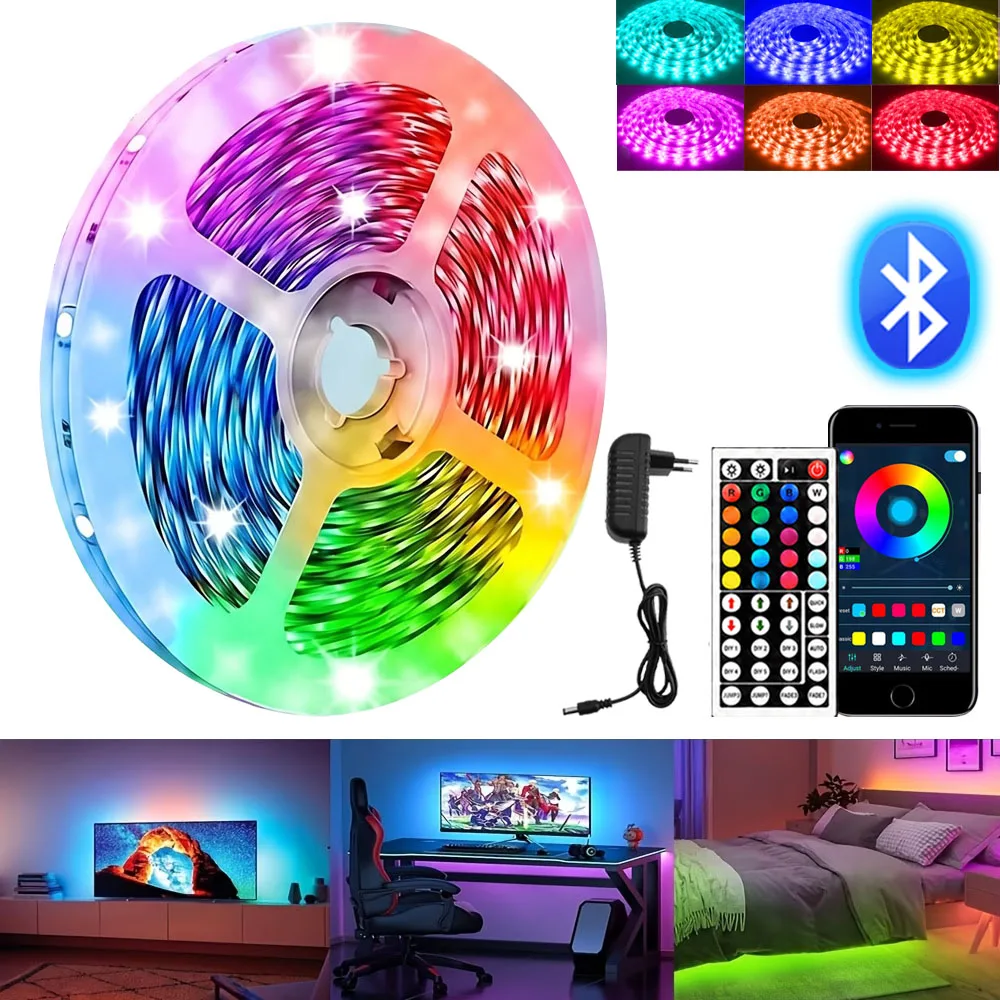 LED-Leuchten für das Schlafzimmer, farbwechselnde RGB-LED-Streifenlichter mit 44-Tasten-Fernbedienung und Bluetooth-App-Steuerung, musiksynchronisierte LED-Leuchten für Zimmer, Küche, Party,