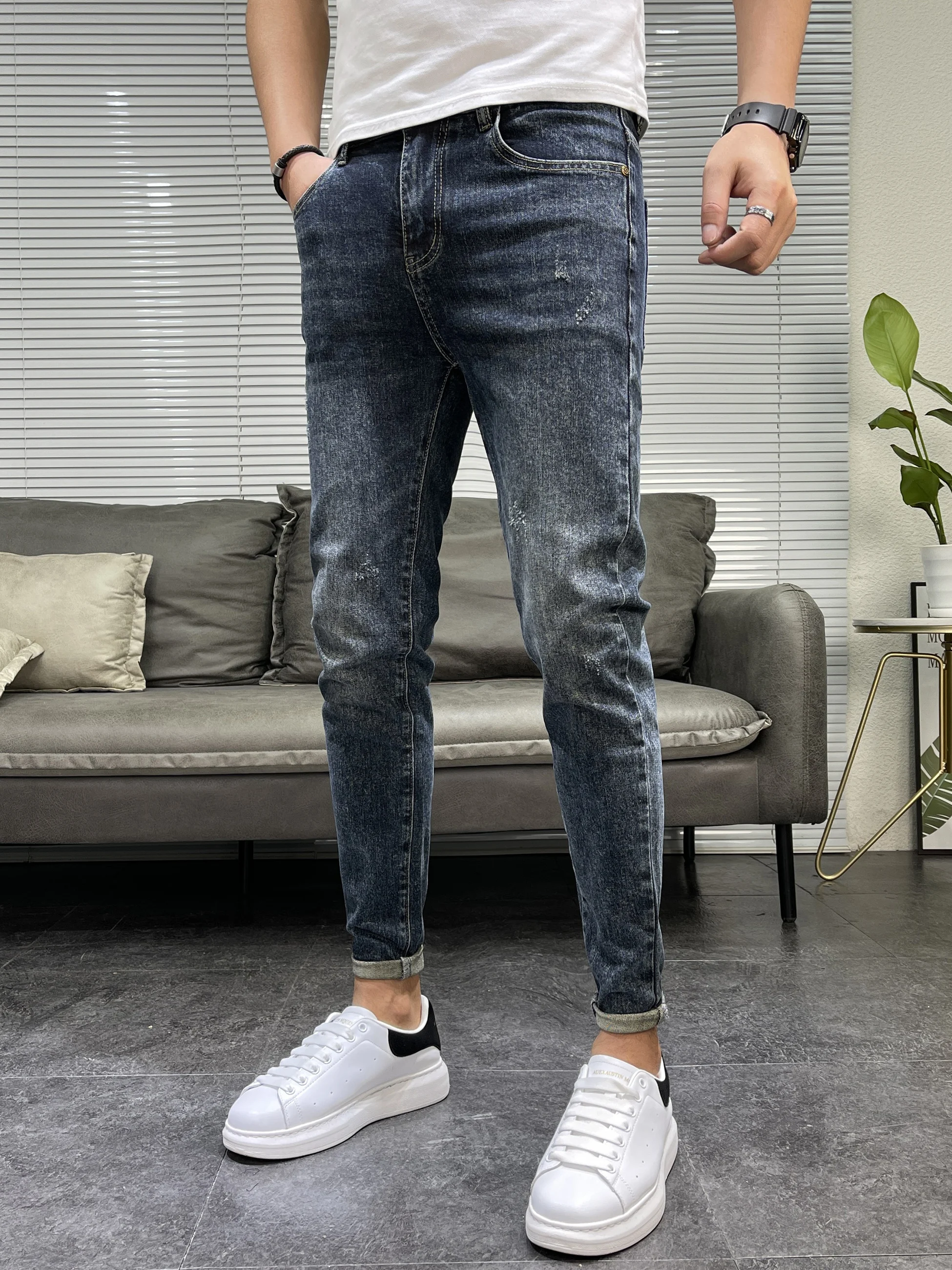 

Мужские джинсы Slim Fit Nine-Tenths: модные, универсальные, эластичные, стройнящие, весна-осень, новинка, летние, тонкие, высокое качество