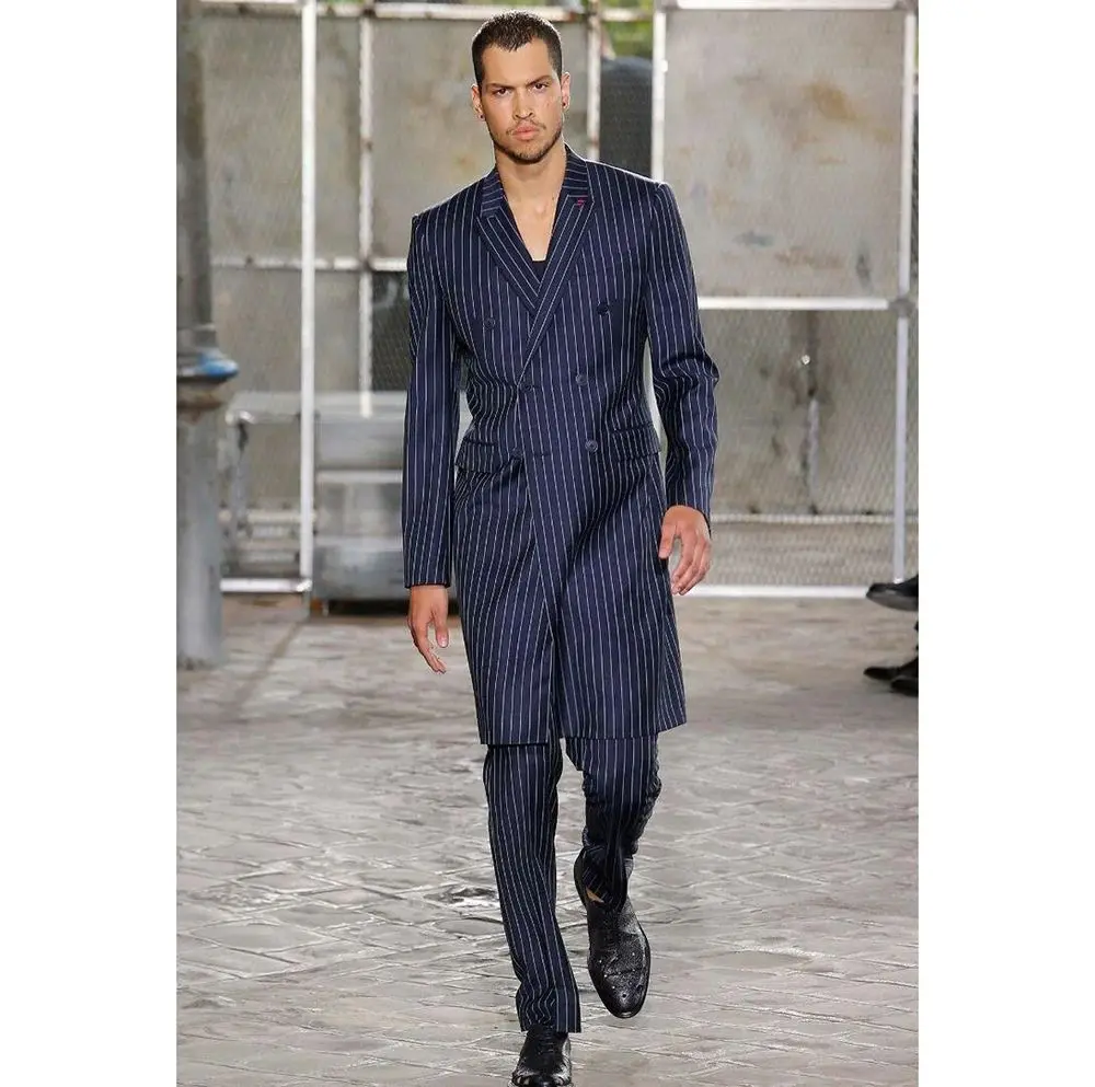 Handsome Italian Tailcoat Navy Blue Stripe Long Men Suit Blazer and Pants Customizable Double Breasted 2-Pieces Set