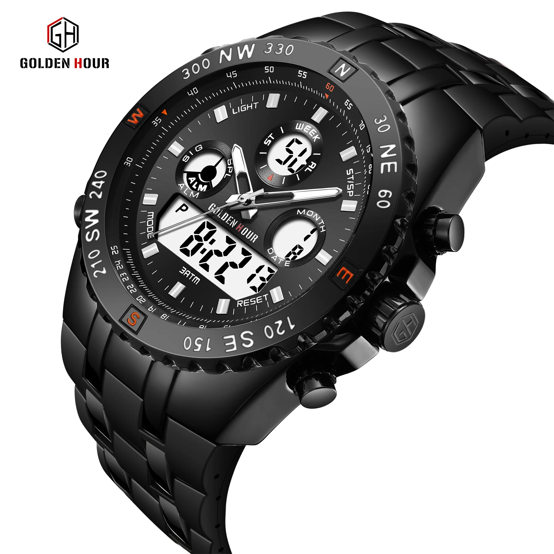 GOLDENHOUR Schwarze Herrenuhr, militärisch, taktisch, industriell, wasserdicht, LED, digital, analog, Dualzeit, Sport-Silikon-Armbanduhr