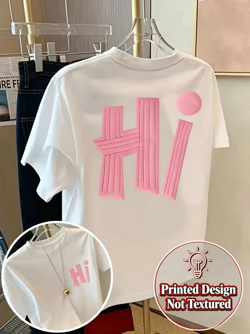 Hi, Neon Green and Pink Print T-shirt Black and White Short Sleeve Crew Neck Casual Top for Summer Spring Men Women Casual Tops