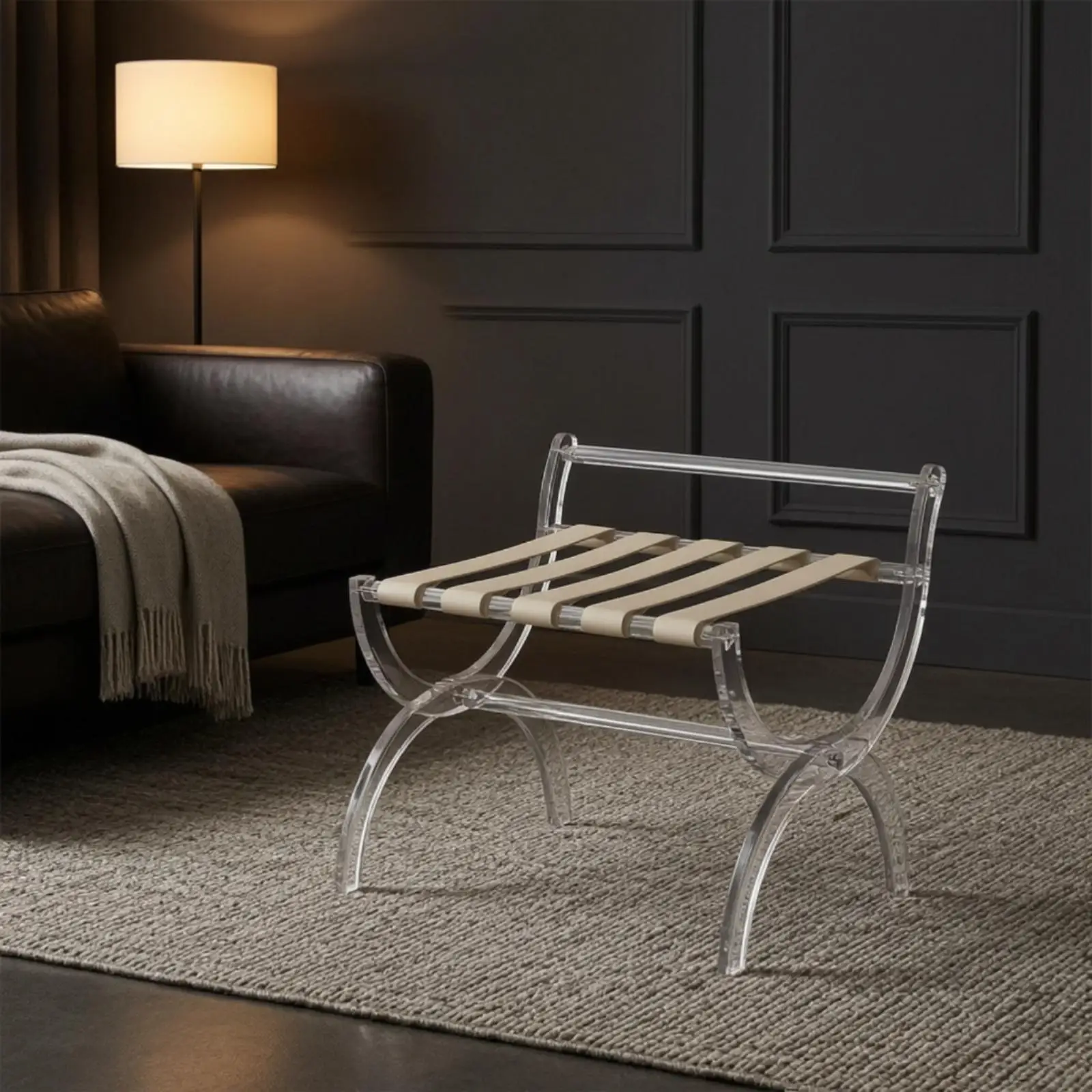 Acrylic Folding Luggage Rack S Shaped Frame with Leather Straps for Hotel Suitcase Tray