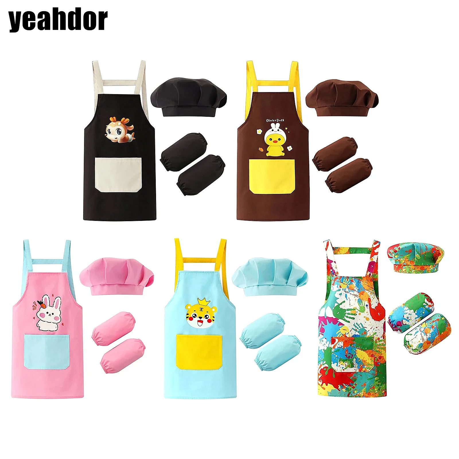 Kids Waterproof Apron Set Cook Bake Drawe Artist Costume Accessories Cartoon Animals Pattern Apron with Hat And Arm Sleeve