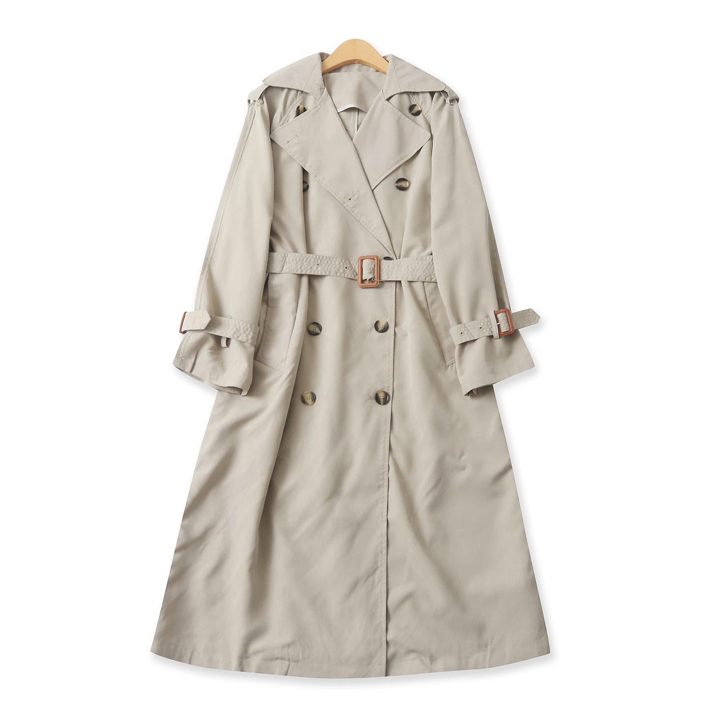 Long Double-Row Button Windbreaker Spring New Style Women's Casual Suit Collar Waist-Cinched Long Sleeve Outerwear