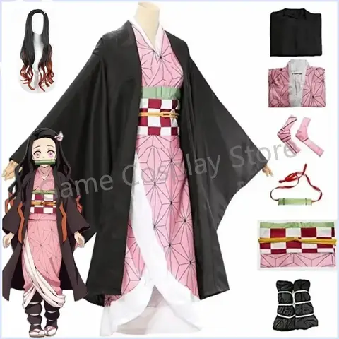 อะนิเมะ Nezuko คอสเพลย์ Kamado Nezuko คอสเพลย์เครื่องแต่งกาย Nezuko วิกผม Props ชุดสําหรับเด็กผู้ใหญ่ฮาโลวีน Carnival Party Comic Con