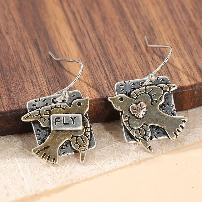 Vintage Design Two Color Dangle Women's Earrings Creativity Square Hand Carved Fly Bird Jewelry