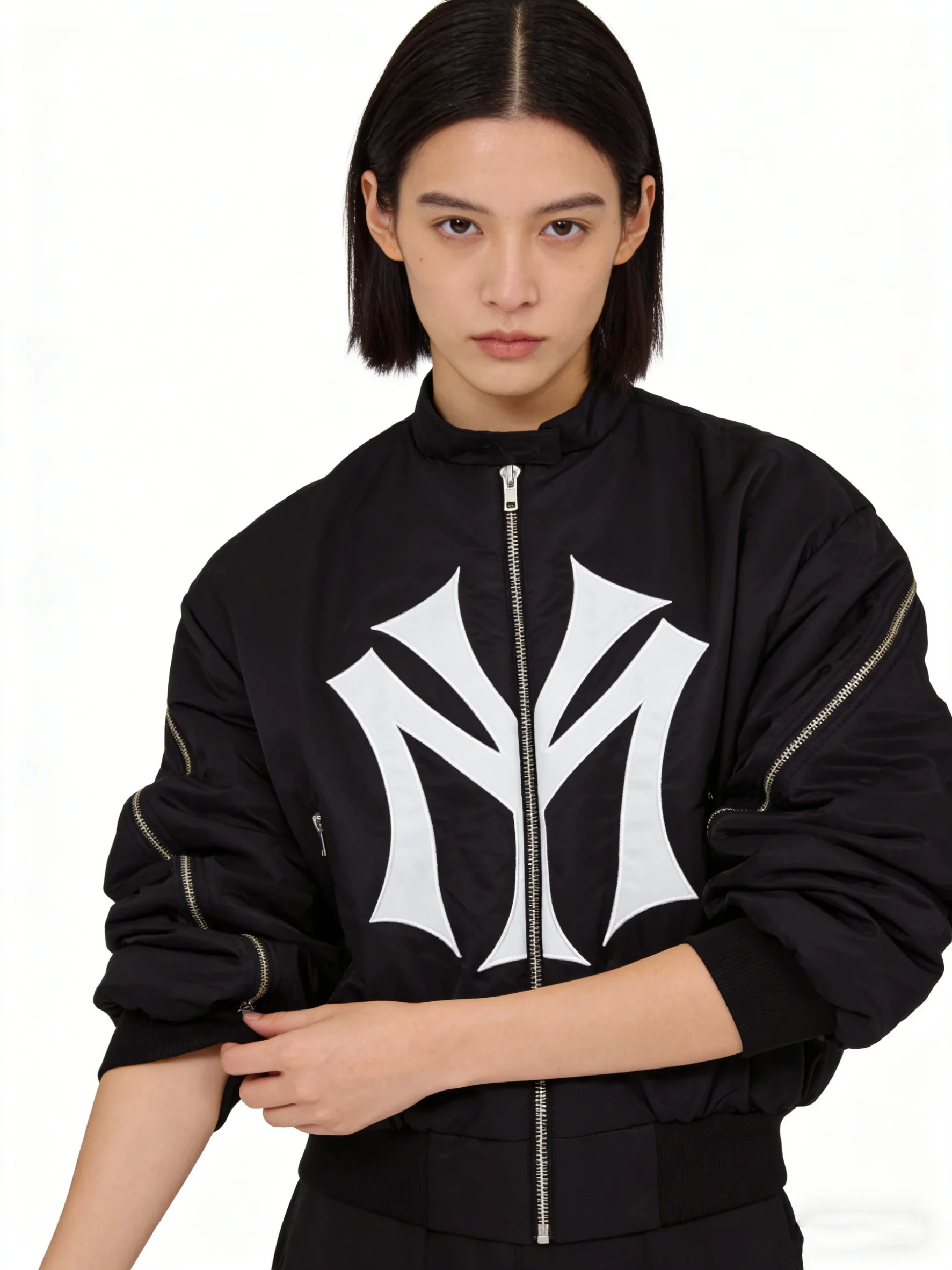 Übergroße NY-Grafik-Jacke mit Stehkragen, mehreren Reißverschlüssen, Vintage-Streetwear, wattierter Mantel, Y2K Hip-Hop Casual Moto – Detail 11