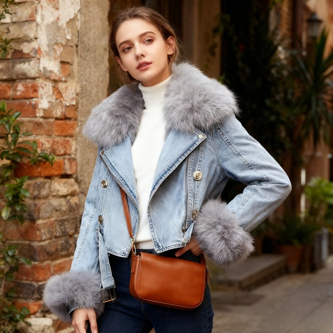 여성용 펑크 재킷 데님 숏 두꺼운 가을 겨울 Y2K 탑 캐주얼 고딕 바이커 인조 여우털 지퍼 두꺼운 코트 따뜻한 아우터웨어