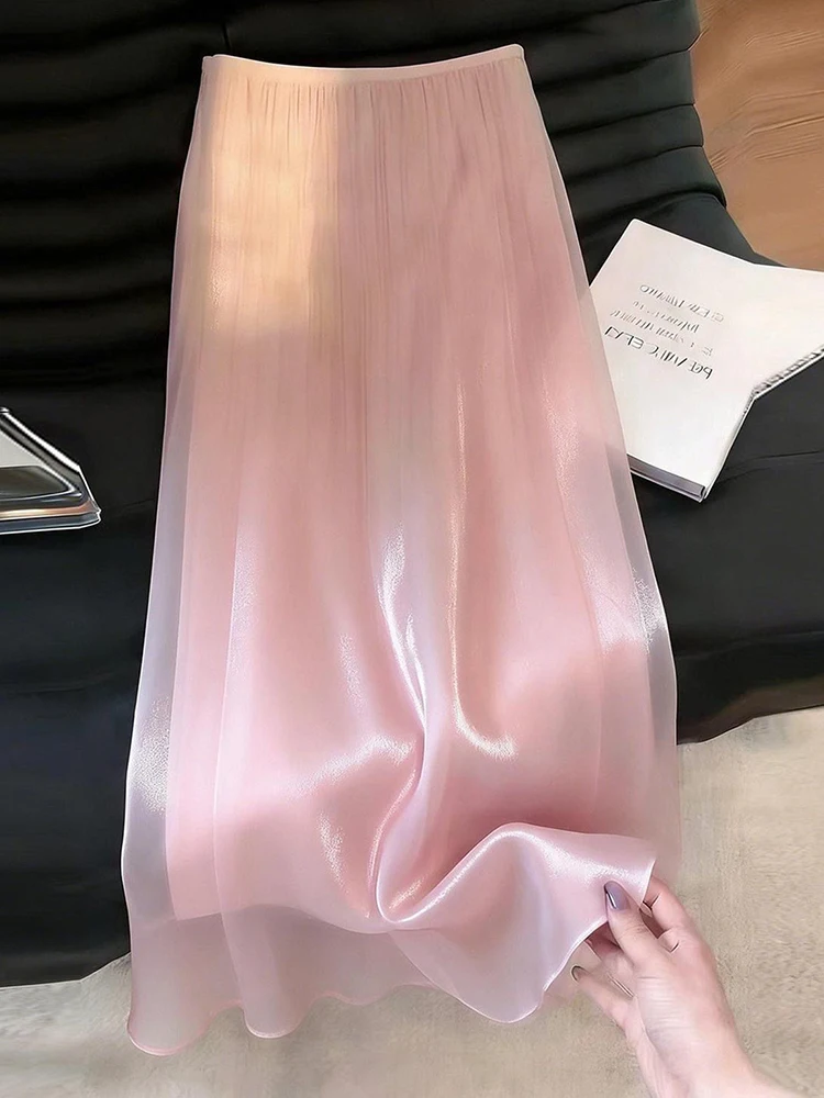Elegant Pink Long Skirt Women Loose High Waist Sweet Pearl Yarn Fashion Skirts Summer Casual Female Ins Cute All Match Skirt New