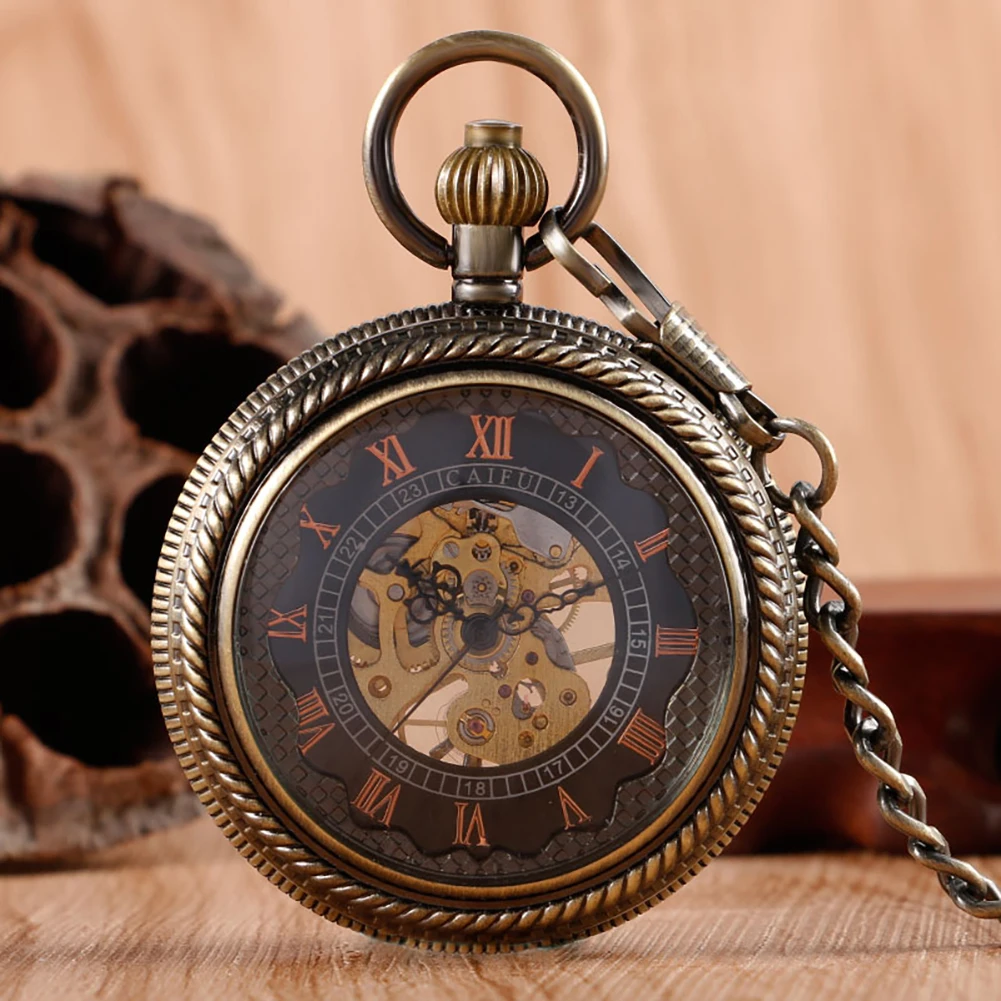Transparent Glass Bronze Mechanical Hand Winding Pocket Watch Men Rose Gold Roman Numerals Dial Vintage Pendant Pocket Clock
