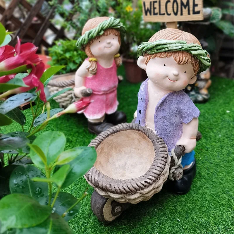 

American Country Boy Cart Planter Cartoon Character Garden Decor Outdoor Patio Sculpture Rustic Plant Pot Statue Garden Art