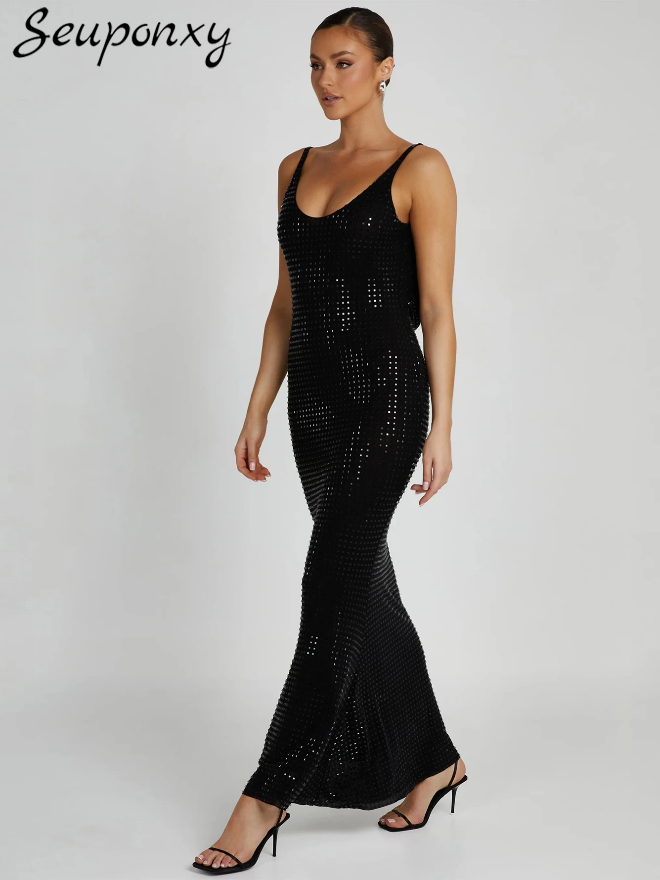 

High Quality Sexy Spaghetti Strap Women'S Backless Luxury Diamond Mesh Long Dress Celebrity Party Dress Elegant Runway Vestidos