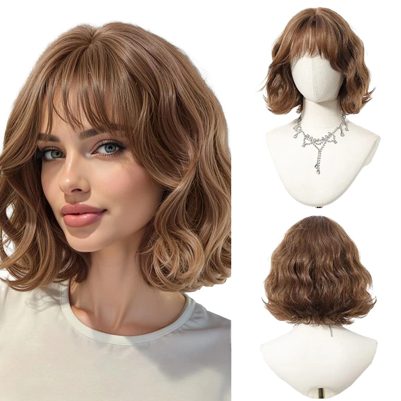 วิกผมสังเคราะห์ลอนขนาด 10 นิ้วมีหน้าม้าและบ๊อบธรรมชาติเหมาะสําหรับงานปาร์ตี้ประจําวันของผู้หญิง วันฮาโลวีน และงานรื่นเริง