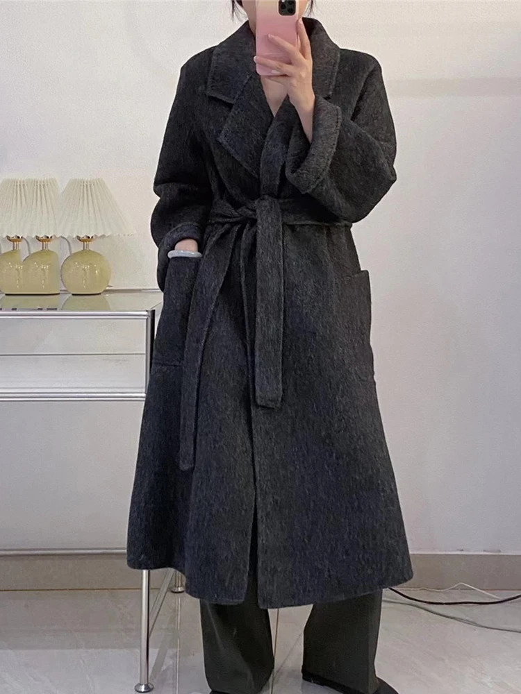 LANMREM Fashion Winter Wool Long Coat Women Notched Collar Belt Gathered Waist Solid Color Loose Jackets 2023 New 2AA3385