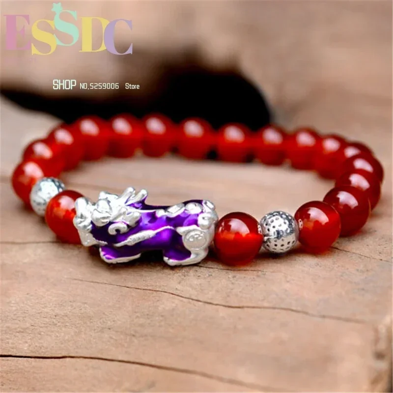 High Quality 999 Sterling Silver Change Color Pixiu Charm  Red and Black Onyx Men and Women Beaded Bracelet Wholesale