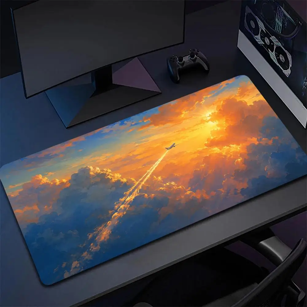 Anime Sunset Sky Large Mouse Pad Airplane Flying Through Colorful Clouds Scenery Art Desk Mat for Home Office Gaming Decor