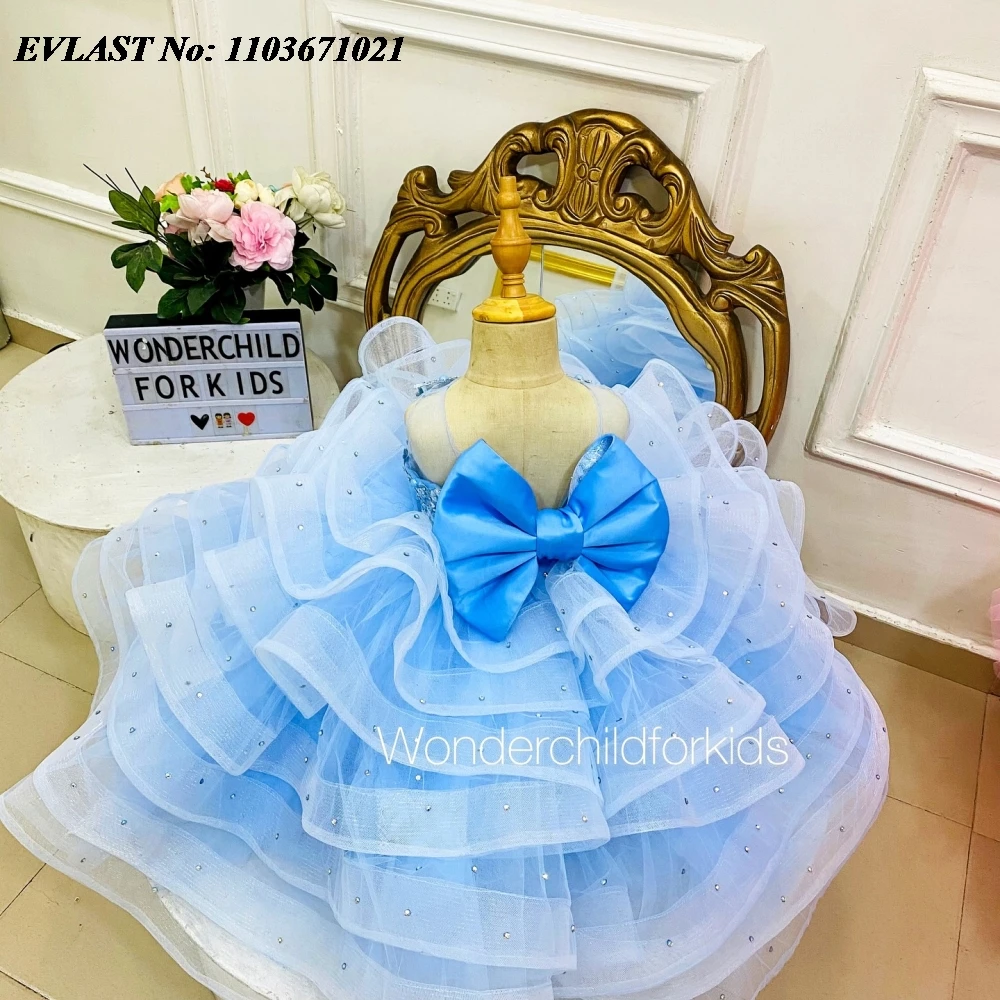 EVLAST-vestido de flor azul céu para meninas, perolização em camadas, babados organza, concurso de meninas, vestido de festa de aniversário, casamentos, fofos, FD82