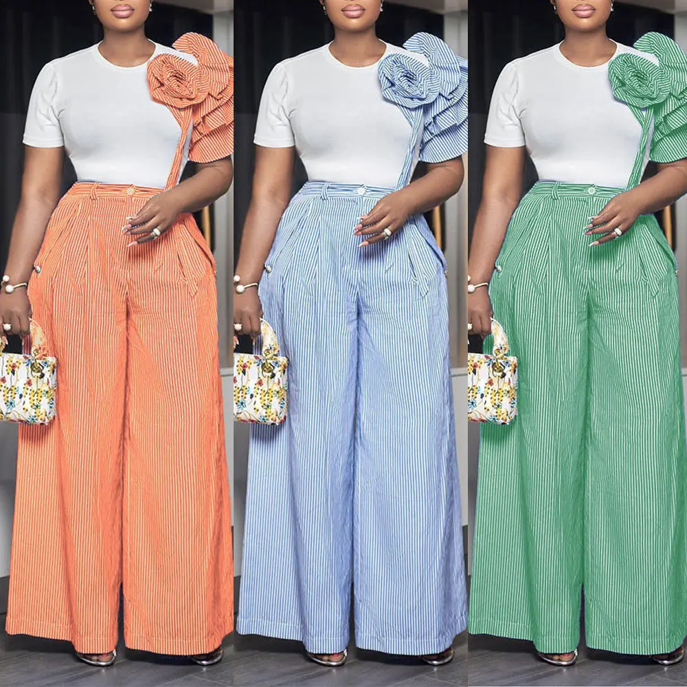 European and American Women's Round Neck Short Sleeved Striped Contrasting Wide Leg Pants Two-Piece Set