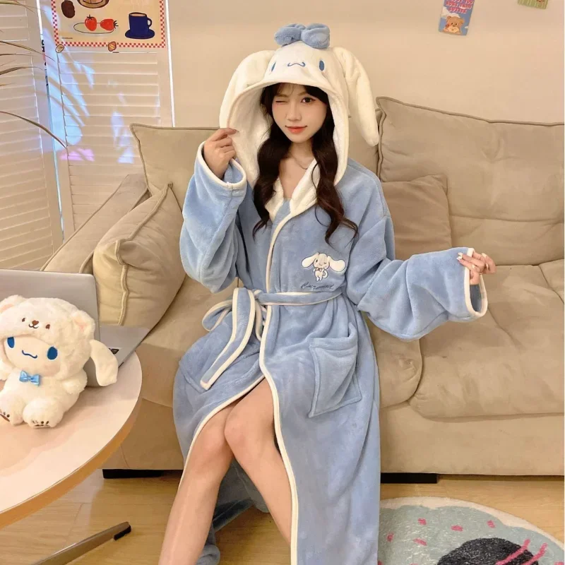 Yugui dog pajamas cartoon hooded nightgown coral fleece bathrobe thermal absorbent Sanrio loungewear Yugui dog women's pajamas