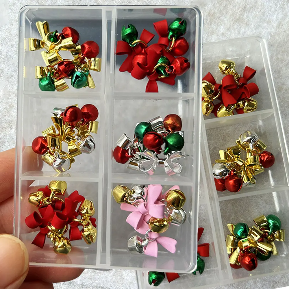 18Pcs/box Christmas Pink Red Gold Silver Bow Bell Nail Charms Metal Alloy Bell Nail Art Decorations Winter New Year Cute Nails #