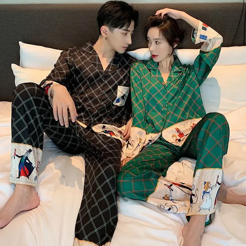 New Couple Pajamas Long Sleeve Silk Thin Men Spring Autumn Sleepwear Cartoon Nightwear Women Homewear Suit Extra Size Nightgown·